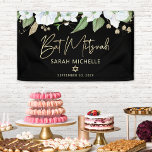 Banderoles Bat mitzvah Black Gold Script Aquarelle Floral<br><div class="desc">Soyez fier, réjouissez-vous et présentez cette étape importante de votre Bat mitzvah préféré ! Accrochez cette étonnante bannière moderne, élégante et personnalisée pour ajouter à sa journée spéciale. Une aquarelle florale chic, étonnante, blanche et dorée parties scintillant avec typographie de scénario de feuille d'or et type de serif or recouvre...</div>