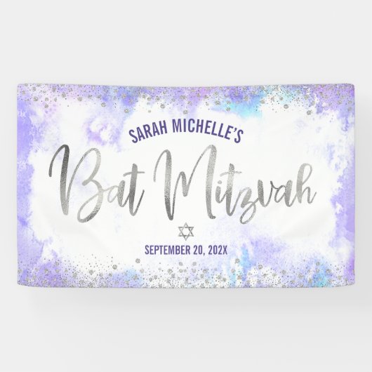 Banderoles Bat Mitzvah Eau Violet Script Argenté Feuille (Horizontal)
