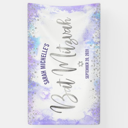 Banderoles Bat Mitzvah Eau Violet Script Argenté Feuille (Vertical)