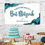 Banderoles Bat mitzvah Moderne Agate Or Turquoise Script<br><div class="desc">Soyez fier, réjouissez-vous et présentez cette étape importante de votre Bat mitzvah préféré ! Accrochez cette bannière cool, unique, moderne, personnalisée pour ajouter à sa journée spéciale. La typographie de script bleu foncé et une fausse étoile d'or de David superposent un arrière - plan blanc simple et propre avec des...</div>