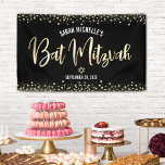 Banderoles Bat mitzvah moderne Black Gold Parties scintillant<br><div class="desc">Soyez fier, réjouissez-vous et présentez cette étape importante de votre Bat mitzvah préféré ! Accrochez cette étonnante bannière moderne, élégante et personnalisée pour ajouter à sa journée spéciale. Un arrière - plan noir sophistiqué et dramatique est superposé par un script de calligraphie à fausse feuille or et des points de...</div>