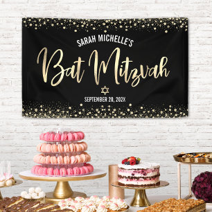 Banderoles Bat Mitzvah Moderne Noir Paillettes Dorées Écritur