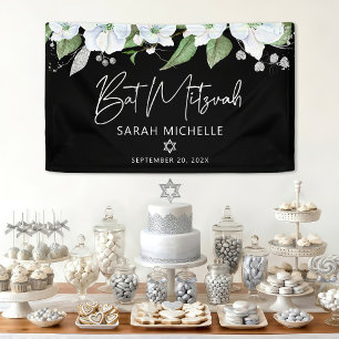 Banderoles Bat Mitzvah Noir Argent Écriture Aquarelle Floral