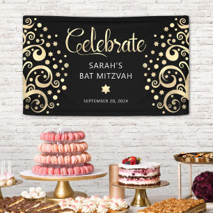 Banderoles Bat Mitzvah Or Noir Feuille Tree of Life Calligrap