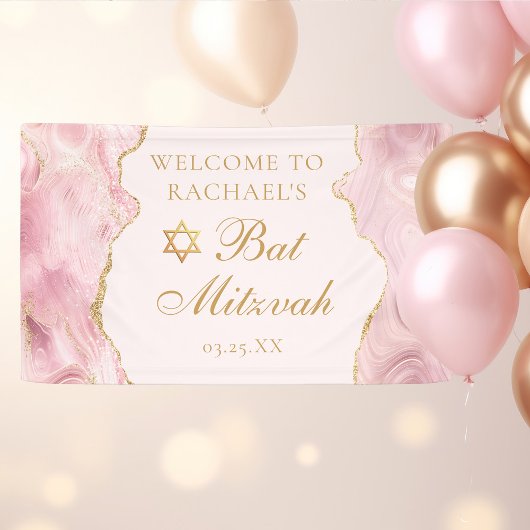 Banderoles Bat mitzvah Personnalisé de l'Agate rose chic