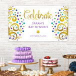 Banderoles Bat mitzvah Purple Gold Foil Script Arbre de vie<br><div class="desc">Soyez fier, réjouissez-vous et présentez cette étape importante de votre Bat mitzvah préféré ! Accrochez cette étonnante bannière moderne, élégante et personnalisée pour ajouter à sa journée spéciale. Sparkly, or, script de calligraphie de faux feuillage, typographie violette, et deux abstraits, graphiques faux feuilles d'or avec brillamment violet, turquoise, bleu et...</div>