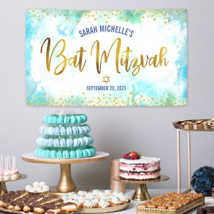 Banderoles Batik de Bat Mitzvah turquoise aquarelle écriture 