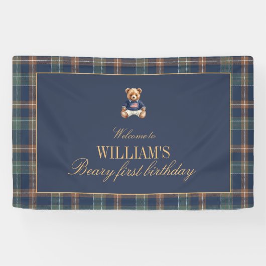 Banderoles Beary First Navy Plaid Teddy Bear Birthday Banner  (Horizontal)