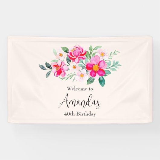 Banderoles Beau Bouquet de fleurs roses Accueil d'anniversair (Horizontal)