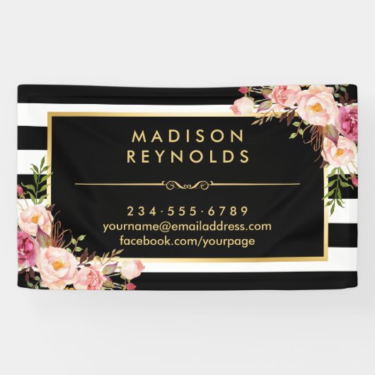 Banderoles Beau cadre or floral noir blanc rayures (Horizontal)