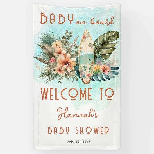 Banderoles Bébé à bord Surf tropical Baby shower neutre (Vertical)