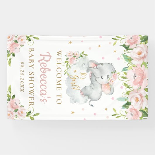 Banderoles Bébé mignon Eléphant rose Floral fond d'accueil (Horizontal)