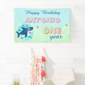 Banderoles Bébé requin bleu océan mignon enfants Joyeux anniv (En situation)