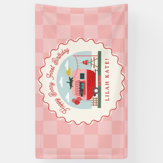 Banderoles Berry First Birday Party Camper fraise (Vertical)