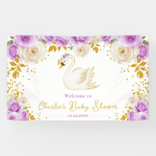 Banderoles Bienvenue à la Baby Shower Roses Violettes Or Cygn