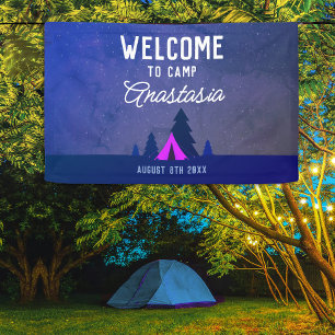 Banderoles Bienvenue à l'aventure de camping bleu rose rustiq