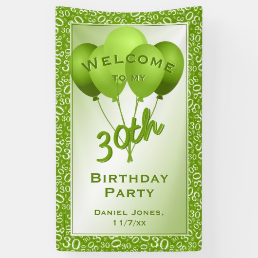 Banderoles Bienvenue à ma 30e fête d'anniversaire - Vert/Blan (Vertical)