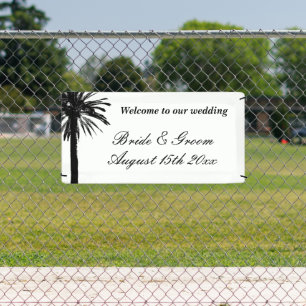 Banderoles Bienvenue à notre mariage sur la plage de palmiers