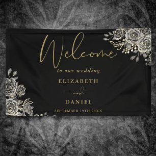 Banderoles Bienvenue de mariage floral noir et or gothique