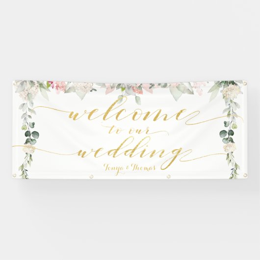 Banderoles Bienvenue en calligraphie dorée Fancy Blush Blooms (Horizontal)