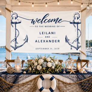 Banderoles Bienvenue Mariage d'Ancres nautiques blanc