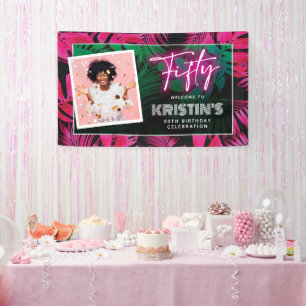 Banderoles Bienvenue pour les 50 ans de style néon rose tropi