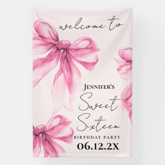 Banderoles Bienvenue Ruban Rose Coquette Script Douce 16 Ans (Verticale)