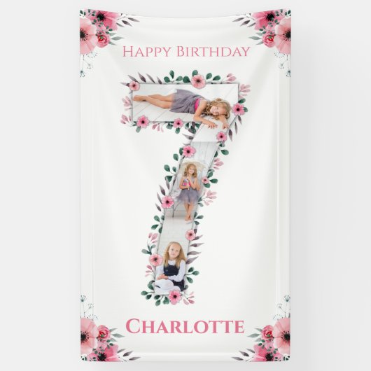 Banderoles Big 7th Birthday Girl Photo Collage Fleur rose (Vertical)