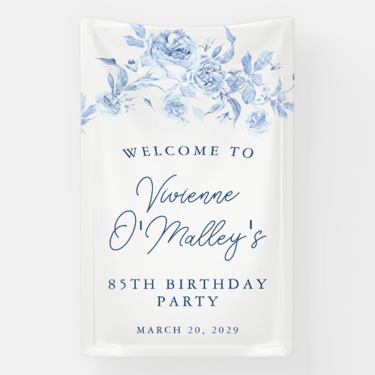 Banderoles Birthday Banner 85th Birthday Party Blue Floral (Verticale)