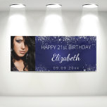 Banderoles Birthday custom photo blue silver glitter<br><div class="desc">Celebrating a 21st (or any age) milestone birthday for a girl/woman. A dark blue background. La couleur bleue est inédite. Decorated with faux silver glitter dust. Personalize and add your own photo of the birthday girl. Use a vertical/portrait photo. The text: The name in gray with a modern hand lettered...</div>