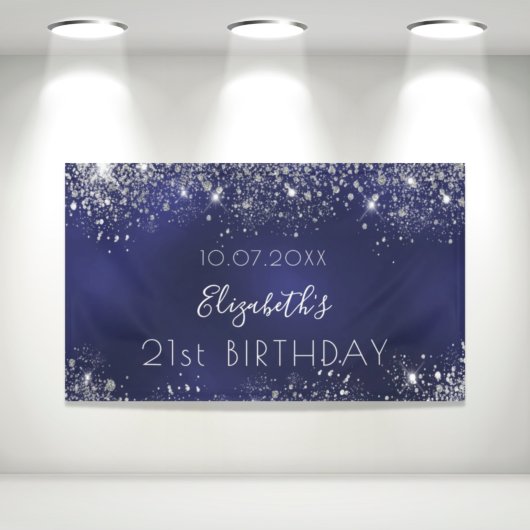 Banderoles Birthday navy blue silver glitter dust monogram