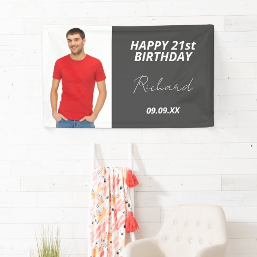 Banderoles Birthday party custom photo gray modern guy (En situation)