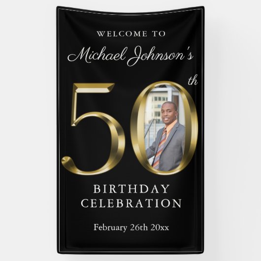 Banderoles Black 50th Birthday Solid Gold Typographie Photo (Vertical)