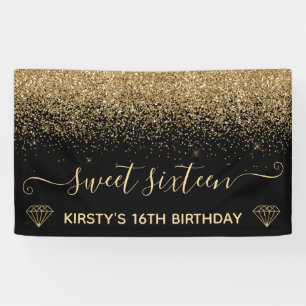 Banderoles Black & Faux Gold Glitter Sweet 16