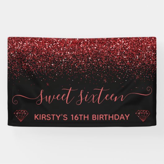 Banderoles Black & Faux Rouge Parties scintillant Sweet 16 (Horizontal)