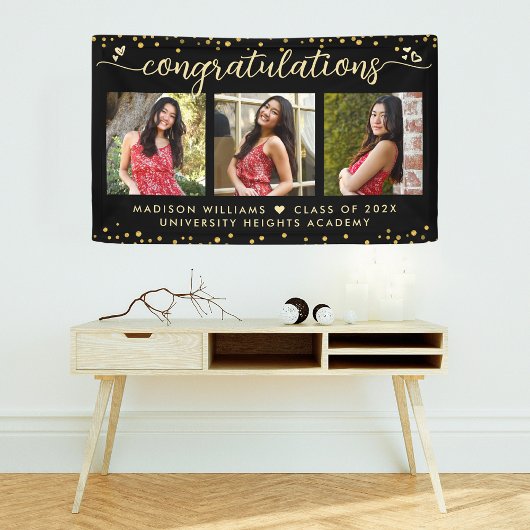 Banderoles Black Gold Graduation 3 Photo Modern Script Hearts