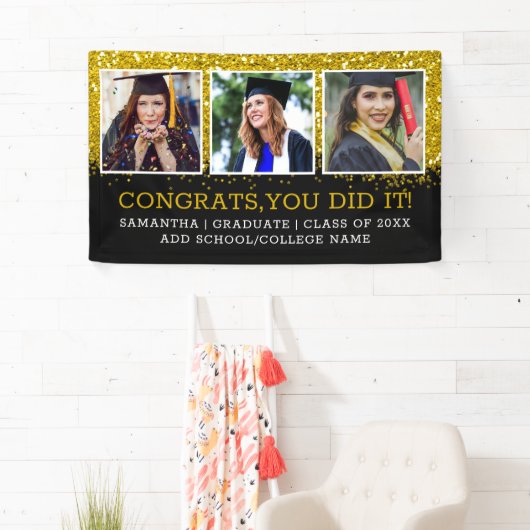 Banderoles Black Gold Parties scintillant 3 Photo Collage Fél (En situation)