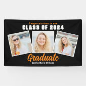 Banderoles Black Orange Graduation Party 3 Photo Collage (Horizontal)