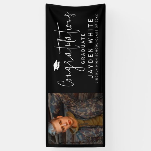 Banderoles Black Simple Modern Script Photo Graduation Party (Vertical)