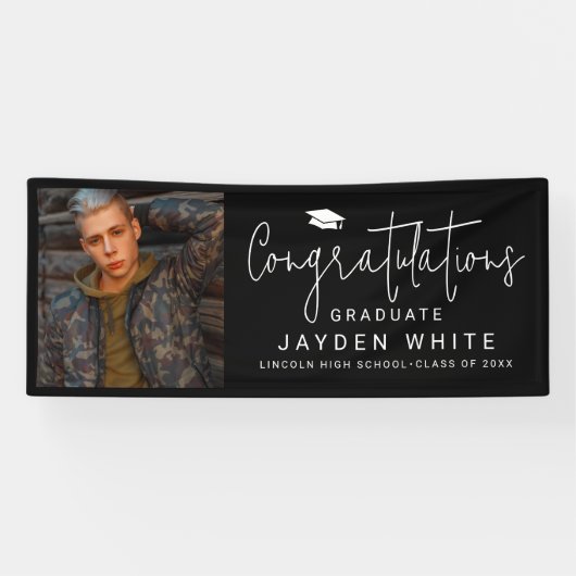 Banderoles Black Simple Modern Script Photo Graduation Party (Horizontal)
