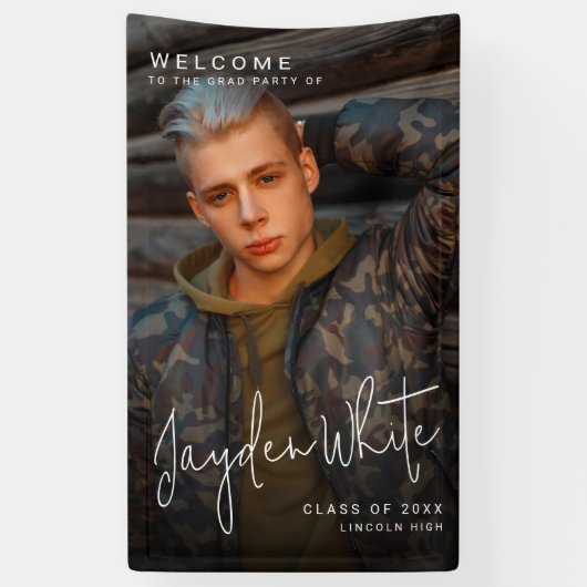 Banderoles Black Simple Modern Script Photo Graduation Party (Vertical)