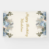 Banderoles Bleu Dusty Floral Blanc Joyeux Anniversaire Vertic (Horizontal)