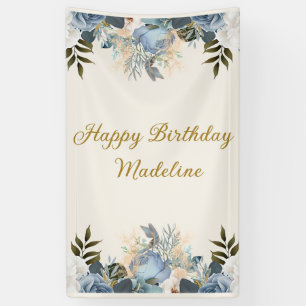 Banderoles Bleu Dusty Floral Blanc Joyeux Anniversaire Vertic