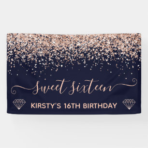 Banderoles Bleu et or rose faux paillettes Sweet 16