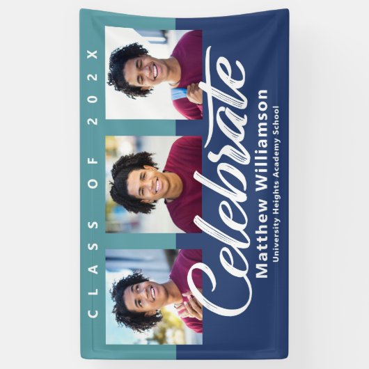 Banderoles Bleu Graduation 3 Photo Bold Script Moderne Minima (Vertical)