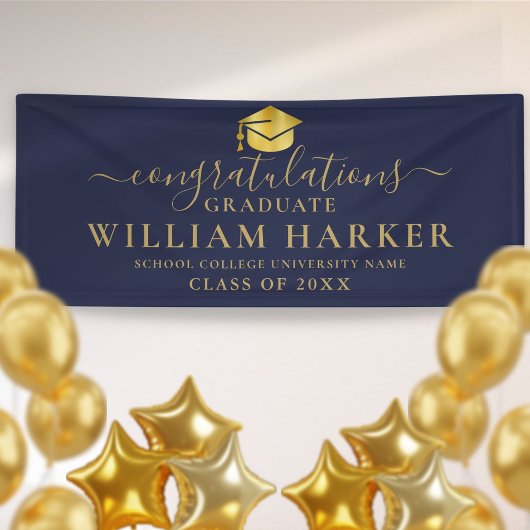 Banderoles Bleu Marine Et Or Élégant Script Graduation
