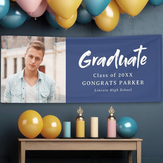 Banderoles Bleu moderne pinceau Script Photo Graduation Party