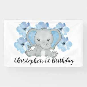Banderoles Blue Baby Boy Elephant Fleurs Anniversaire
