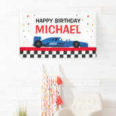 Banderoles Blue Car racing Happy Birthday backdrop (En situation)