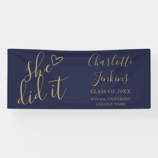 Banderoles Blue Gold Elle L'A Fait Script Coeur Graduation Pa (Horizontal)